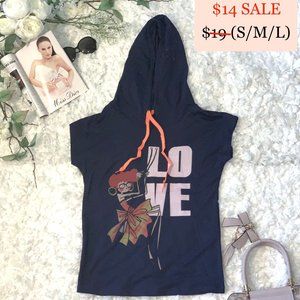 Navy Sleeveless Cotton Graphic Hoodie